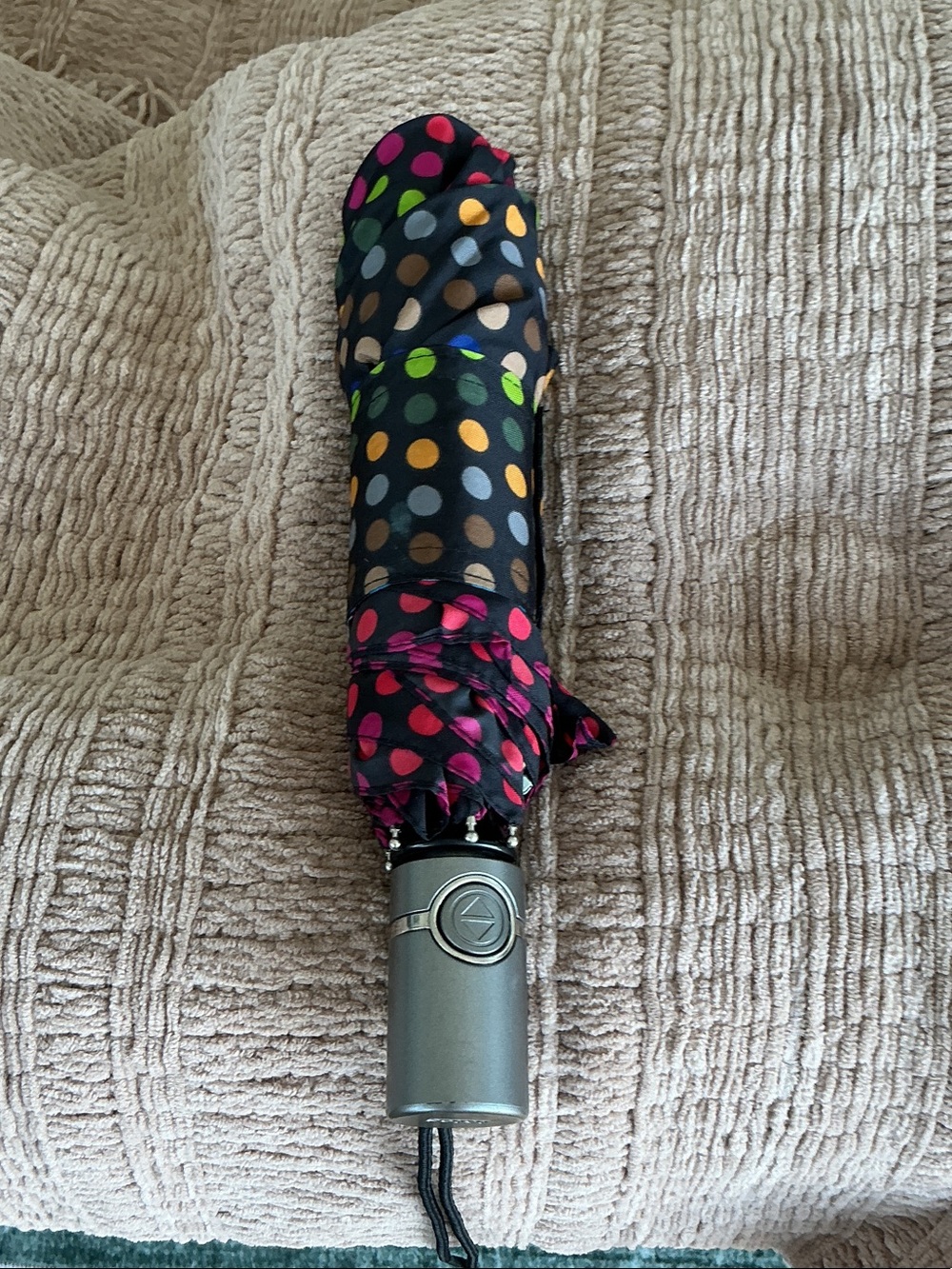 Compact Polka Dot Folding Umbrella - Multicolor Dots on Black by totes